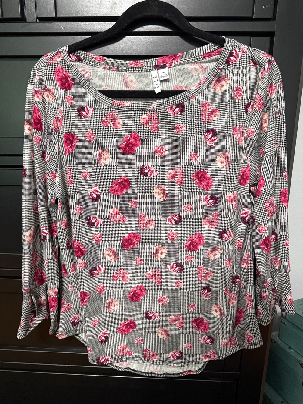 Elle 3/4 -Sleeve Scoop Neck Top - Pink Floral on Black/White Plaid